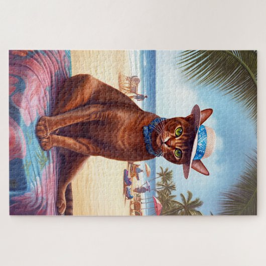 Abyssische kat op strand, zomercadeau voor kattenl legpuzzel (Horizontaal)