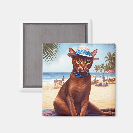 Abyssische kat op strand, zomercadeau voor kattenl magneet (Voorkant / Achterkant)