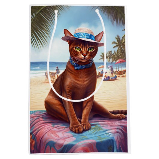 Abyssische kat op strand, zomercadeau voor kattenl medium cadeauzakje (Voorkant)