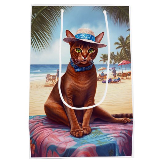 Abyssische kat op strand, zomercadeau voor kattenl medium cadeauzakje (Achterkant)