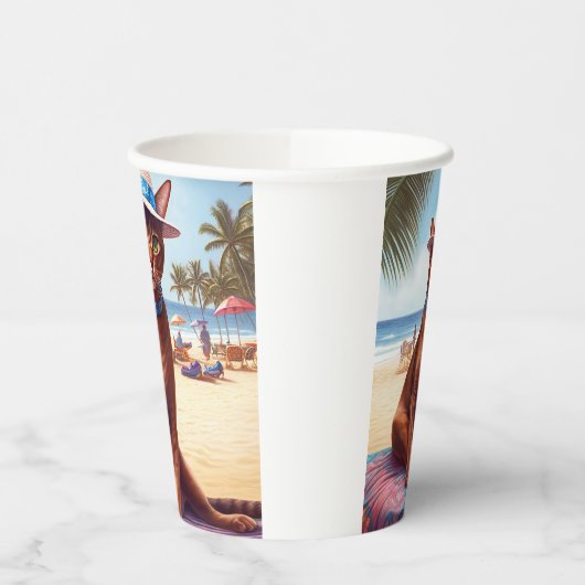 Abyssische kat op strand, zomercadeau voor kattenl papieren bekers (Links)