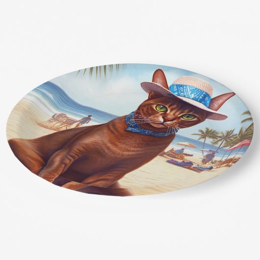 Abyssische kat op strand, zomercadeau voor kattenl papieren bordje (Gekanteld)