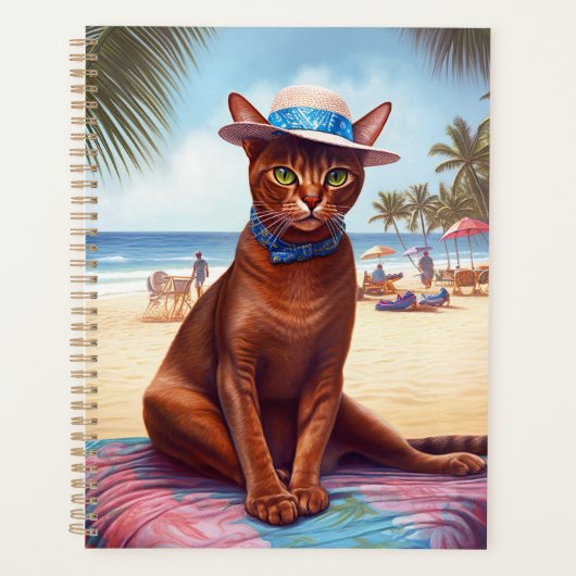 Abyssische kat op strand, zomercadeau voor kattenl planner (Voorkant)