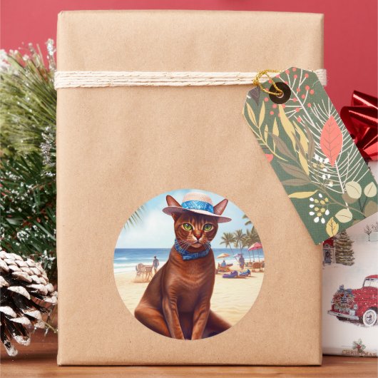 Abyssische kat op strand, zomercadeau voor kattenl ronde sticker (Feestdagen)