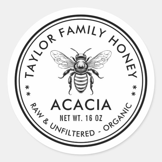 Acacia honinglabel met honingbij ronde sticker (Voorkant)