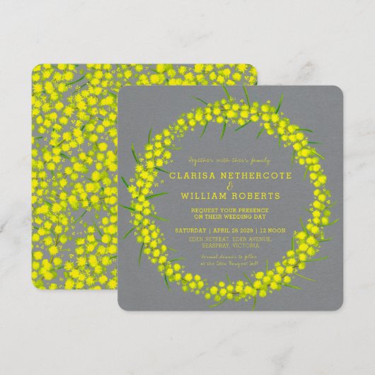 Acacia wattle bloemenkunst geel grijs bruiloft kaart (Voorkant / Achterkant)