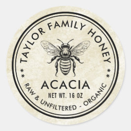 Acaciahoning-etiket met honingbij en vintage uitst ronde sticker