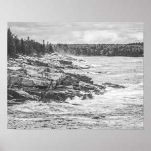 Acadia Maine Rocky Coastline Black en White Poster