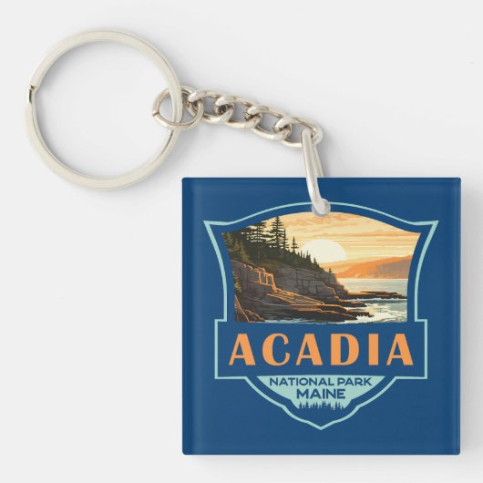 Acadia National Park Illustratie Retro Badge Sleutelhanger (Voorkant)