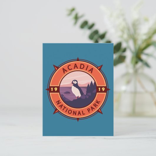 Acadia National Park Puffin Retro Compass Embleem Briefkaart (Staand voorkant)