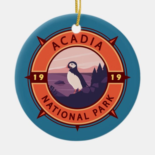 Acadia National Park Puffin Retro Compass Embleem Keramisch Ornament (Voorkant)