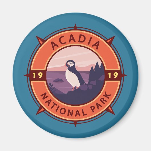 Acadia National Park Puffin Retro Compass Embleem Magneet (Voorkant)