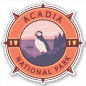 Acadia National Park Puffin Retro Compass Embleem Sticker (Voorkant)