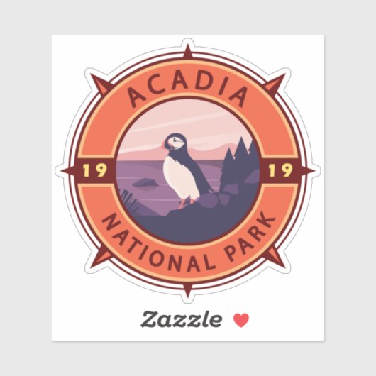 Acadia National Park Puffin Retro Compass Embleem Sticker (Vel)