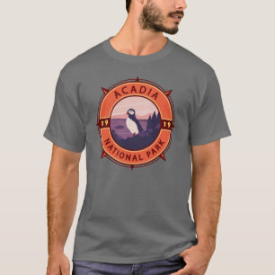 Acadia National Park Puffin Retro Compass Embleem T-shirt