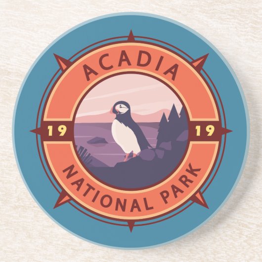 Acadia National Park Puffin Retro Compass Embleem Zandsteen Onderzetter (Voorkant)