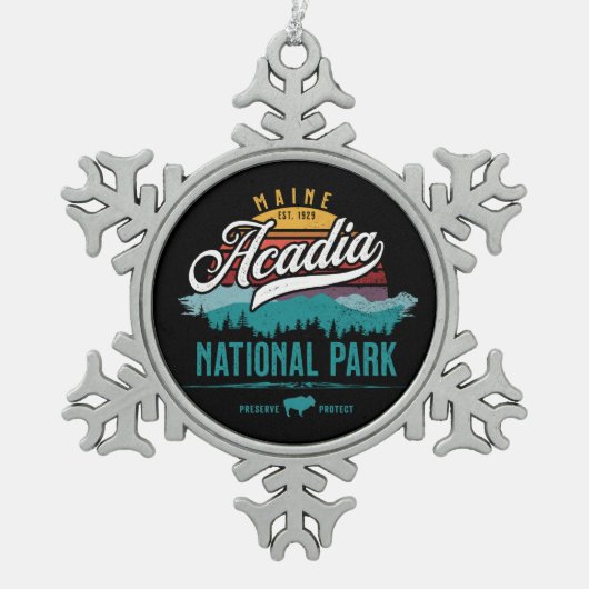 ACADIA NATIONAL PARK RETRO SUNSET HOLIDAY TIN SNEEUWVLOK ORNAMENT (Voorkant)