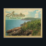 Acadia National Park Vintage Travel Briefkaart<br><div class="desc">Vintage reisstijl Acadia National Park afbeelding met een prachtig kustgebied met blauw water,  bomen en een wolkenhemel.</div>
