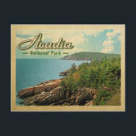 Acadia National Park Vintage Travel Briefkaart<br><div class="desc">Vintage reisstijl Acadia National Park afbeelding met een prachtig kustgebied met blauw water, bomen en een wolkenhemel.</div>