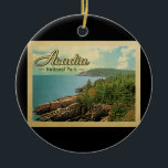 Acadia National Park Vintage Travel Keramisch Ornament<br><div class="desc">Vintage reisstijl Acadia National Park afbeelding met een prachtig kustgebied met blauw water,  bomen en een wolkenhemel.</div>