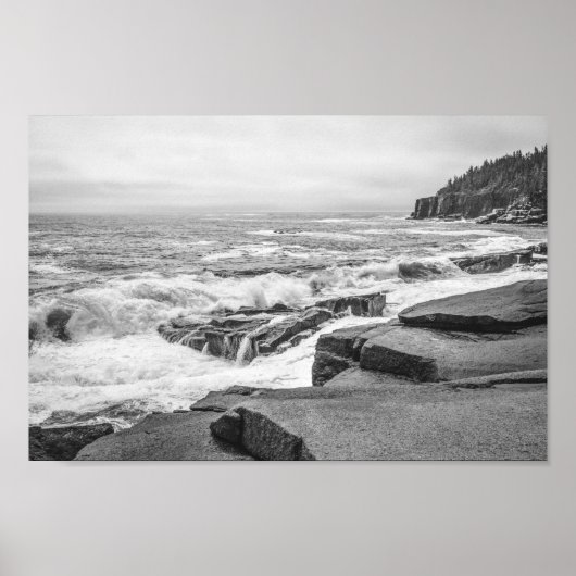 Acadia Rocky Coastline in Maine Black en White Poster (Voorkant)