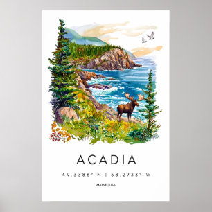 Acadia Watercolor Vintage Reisposter Skiën Poster