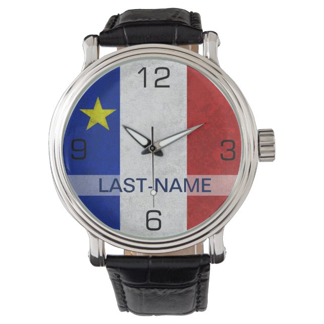 Acadian Flag Surname Distress Grunge personaliseer Horloge (Voorkant)