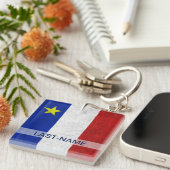 Acadian Flag Surname Distress Grunge personaliseer Sleutelhanger (Voorkant Rechts)