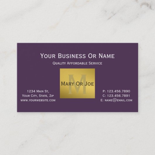 Acai Paars Violet White Text Gold Monogram wissen Visitekaartje (Voorkant)