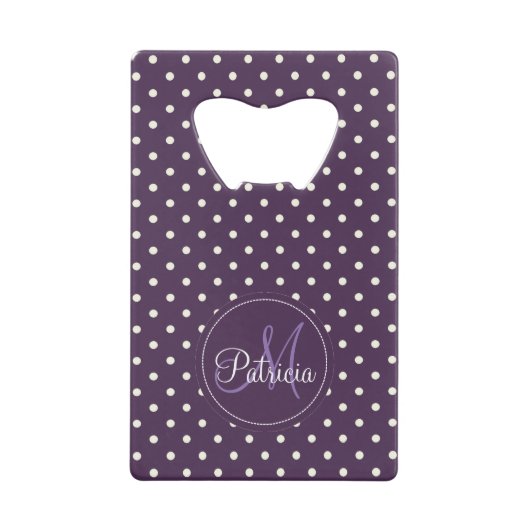 Acai Paarse Violet & White Polka Dots monogramed Creditkaart Flessenopener (Voorkant)