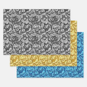 Acanthus Leaves, Black & White, Gold en Blue Inpakpapier Vel