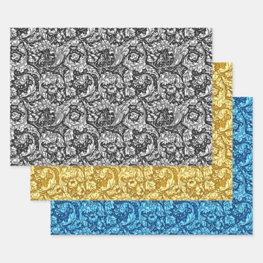 Acanthus Leaves, Black & White, Gold en Blue Inpakpapier Vel (Set)