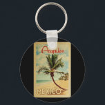 Acapulco Palm Tree Vintage Travel Sleutelhanger<br><div class="desc">Een unieke retro middeleeuwse moderne Acapulco Mexico-kunst in de klassieke stijl van het poster. Het bevat een gebogen palmboom op zandige stranden met oceaan onder een blauwe troebele hemel.</div>