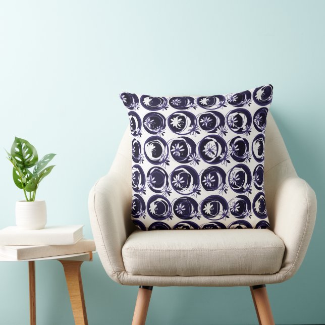 Accent Cirkels Achtergrond Bloemen Indigo Wit Kussen (Stoel)