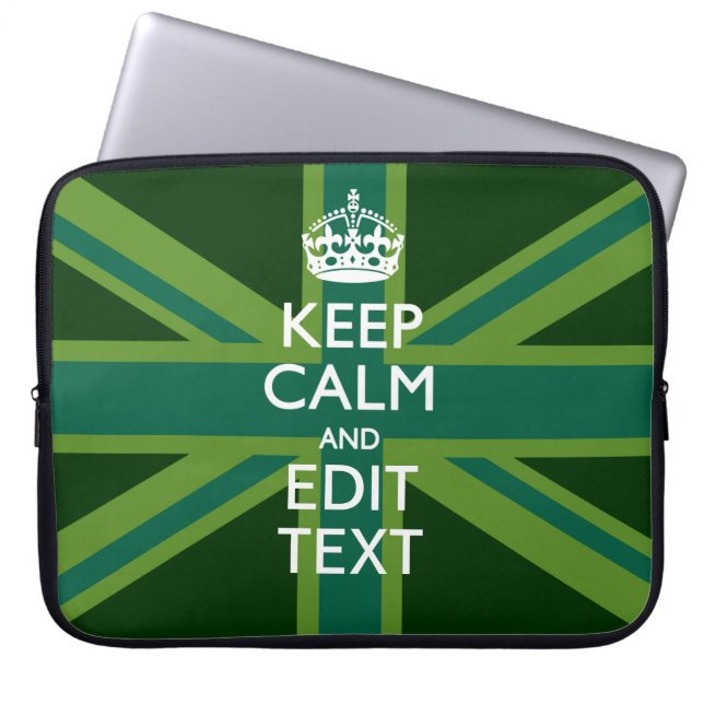 Accent Groen Blijf Kalm En Jouw Tekst Union Jack Laptop Sleeve (Voorkant)