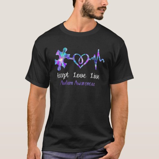 Accepteer Leef Liefde Puzzelstuk Hartslag Autisme T-shirt (Voorkant)