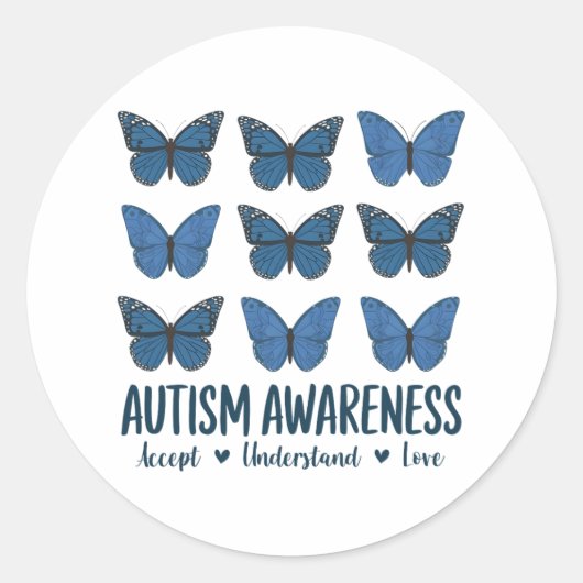 Accepteer Liefde Autisme Bewustzijn Vlinder Ronde Sticker (Voorkant)