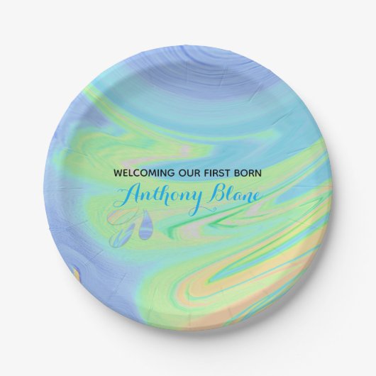 Accessoire bij pasta en blauwe eerstgeboorte papieren bordje (Voorkant)