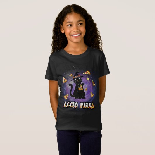 Accio Pizza Funny Black Cat Magic Wizard T-shirt (Voorkant volledig)