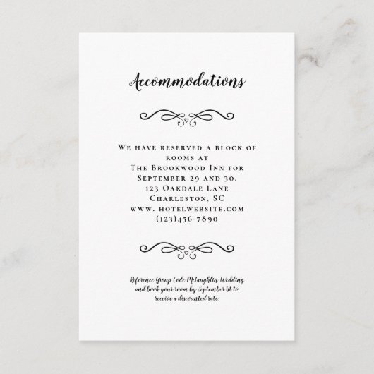 Accommodatie Elegant Black White Wedding Details Informatiekaartje (Voorkant)