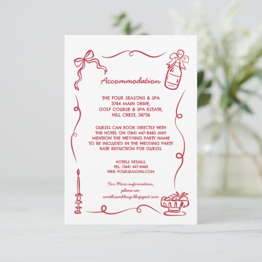 Accommodatie Huwelijk RSVP Whimsical Handgetekend Informatiekaartje (Staand voorkant)