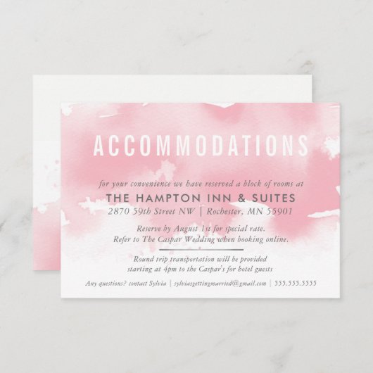 ACCOMMODATIE KAART stijlvolle waterverf blush roze (Voorkant / Achterkant)