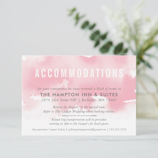 ACCOMMODATIE KAART stijlvolle waterverf blush roze (Staand voorkant)