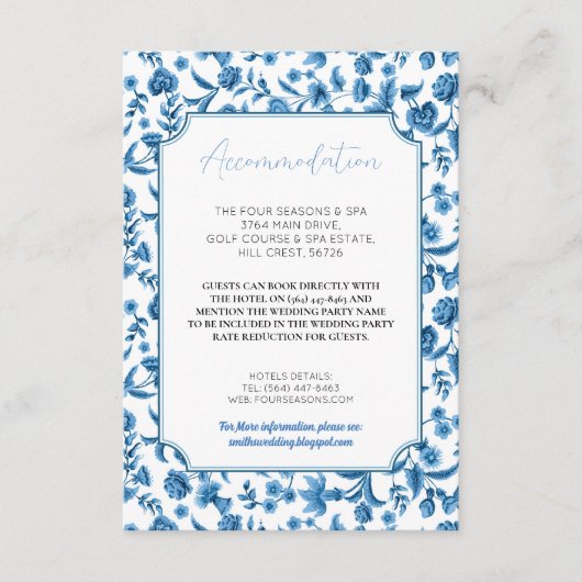 Accommodatie Trouwen RSVP Chintz Blauw Wit Informatiekaartje (Voorkant)
