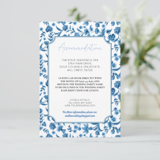 Accommodatie Trouwen RSVP Chintz Blauw Wit Informatiekaartje (Staand voorkant)