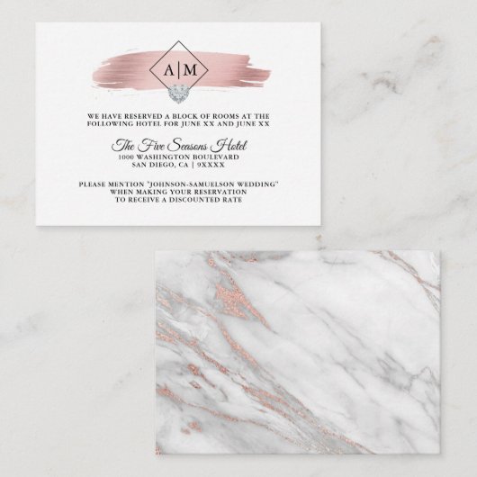 ACCOMMODATIES Bruiloft Roos Goudfolie Monogrammen Informatiekaartje (Voorkant / Achterkant)