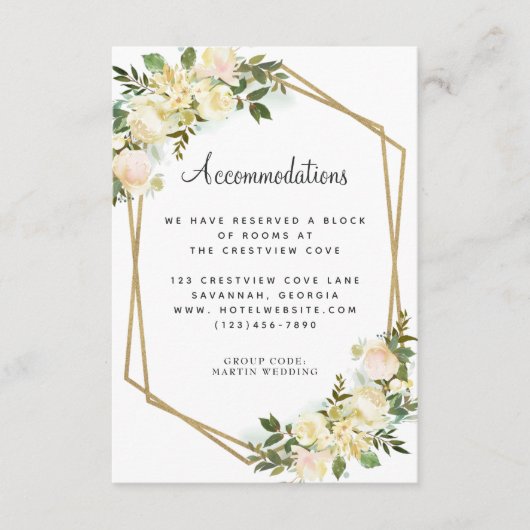 Accommodaties Huwelijksdetails Bloemen Goud Wit Informatiekaartje (Voorkant)
