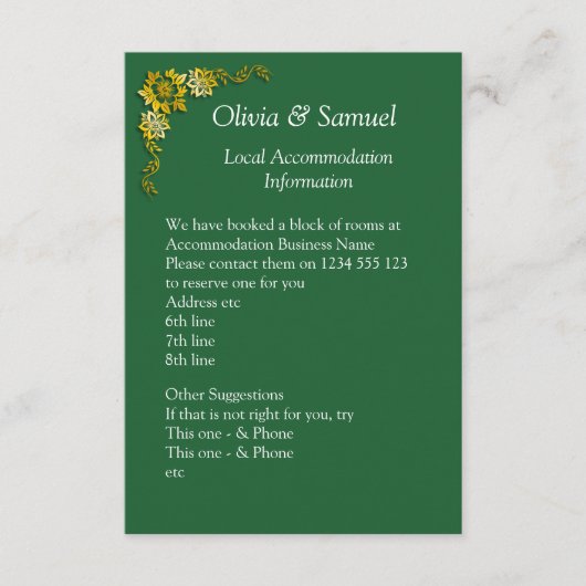 Accommodation Info - Emerald Green & Gold Informatiekaartje (Voorkant)