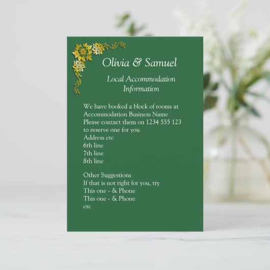 Accommodation Info - Emerald Green & Gold Informatiekaartje (Staand voorkant)