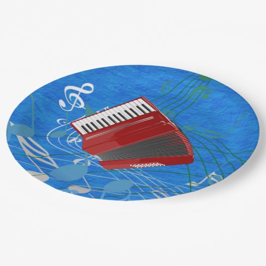 Accordion met muziekachtergrond in blauw papieren bordje (Gekanteld)